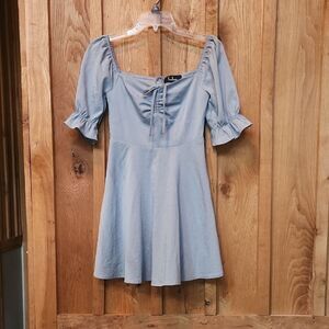 Lulus Dusty Blue Puff Ruffle Short Sleeve Bustier Fit & Flare Mini Dress XS